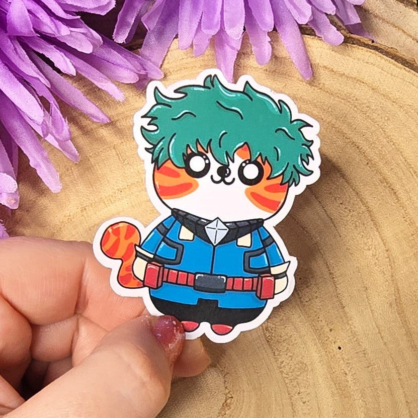 Green hero academy inspired cat vinyl sticker, anime style die cut waterproof handmade sticker 7cm UK