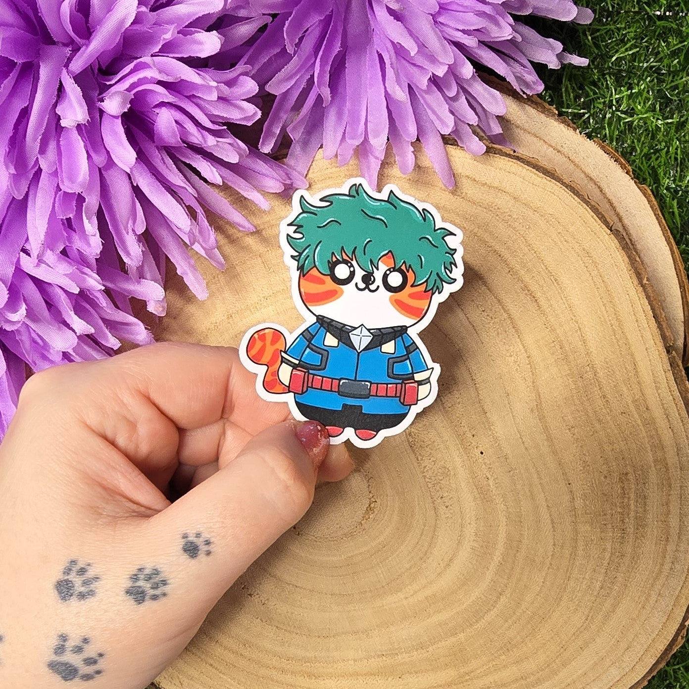 Green hero academy inspired cat vinyl sticker, anime style die cut waterproof handmade sticker 7cm UK

