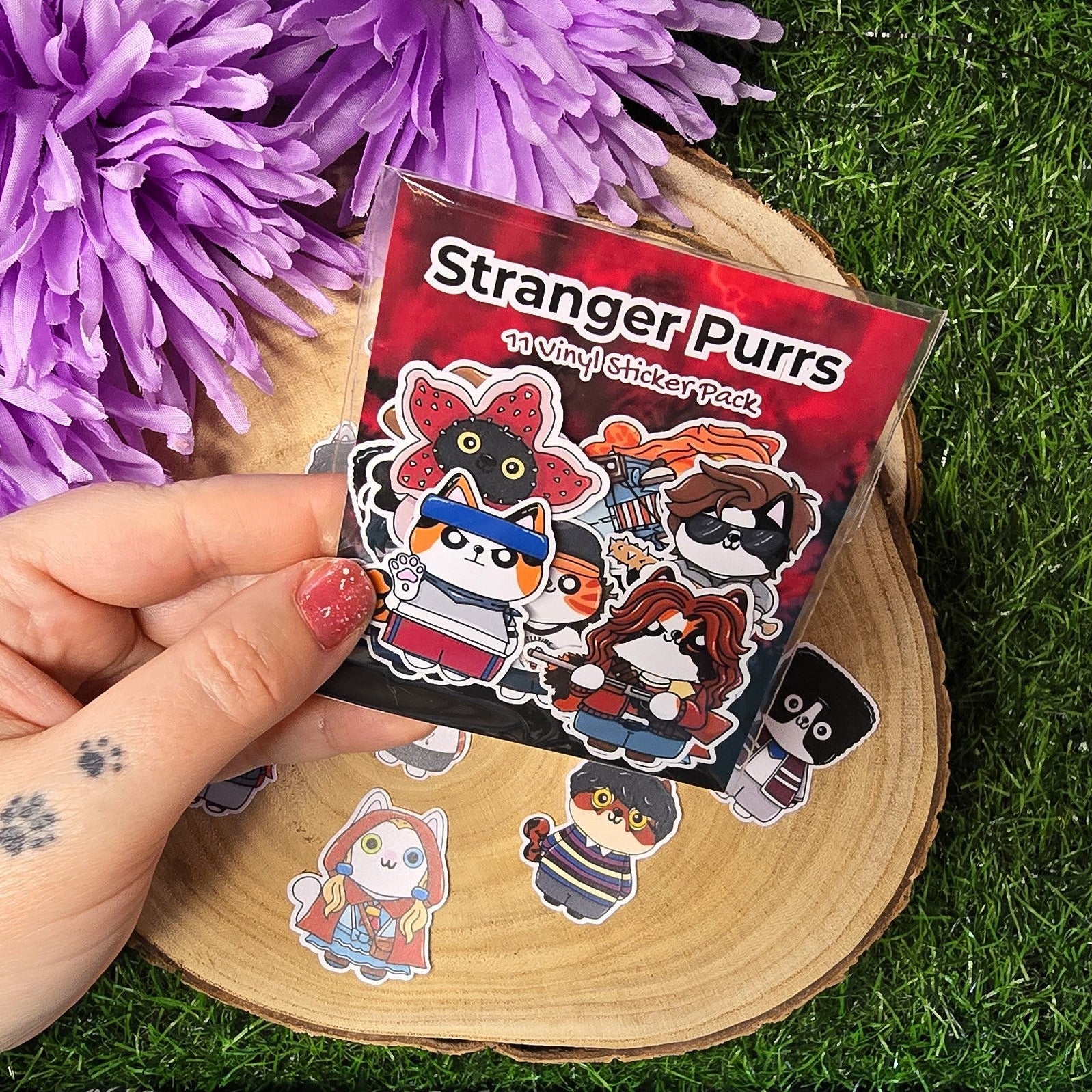 Stranger Purrs 11 piece matte vinyl cat sticker pack inspired by retro 80s supernatural horror characters handmade UK