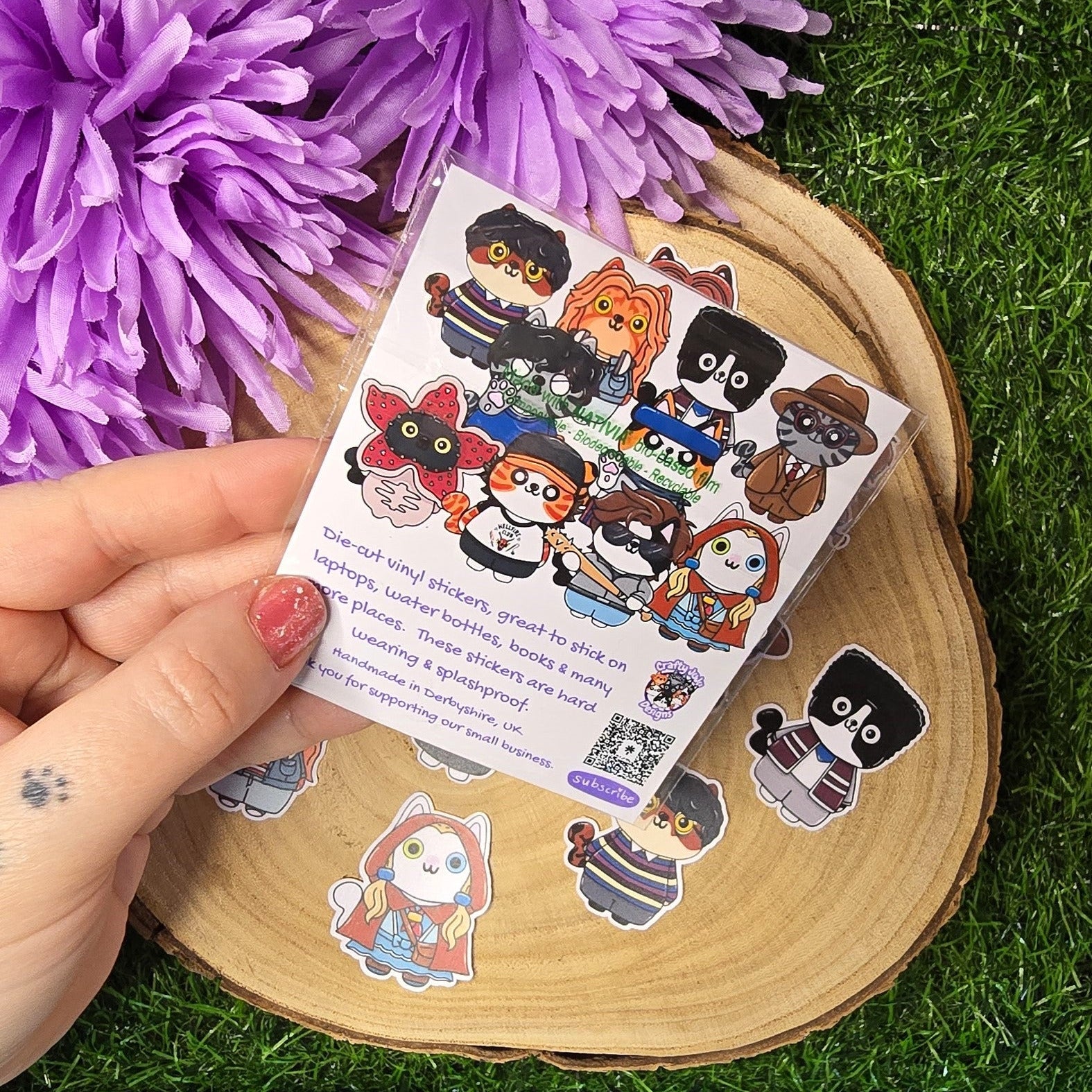 Stranger Purrs 11 piece matte vinyl cat sticker pack inspired by retro 80s supernatural horror characters handmade UK