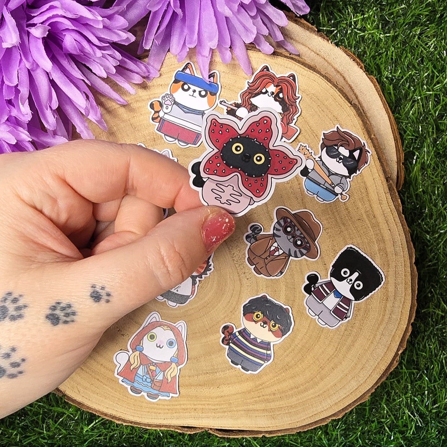 Stranger Purrs 11 piece matte vinyl cat sticker pack inspired by retro 80s supernatural horror characters handmade UK