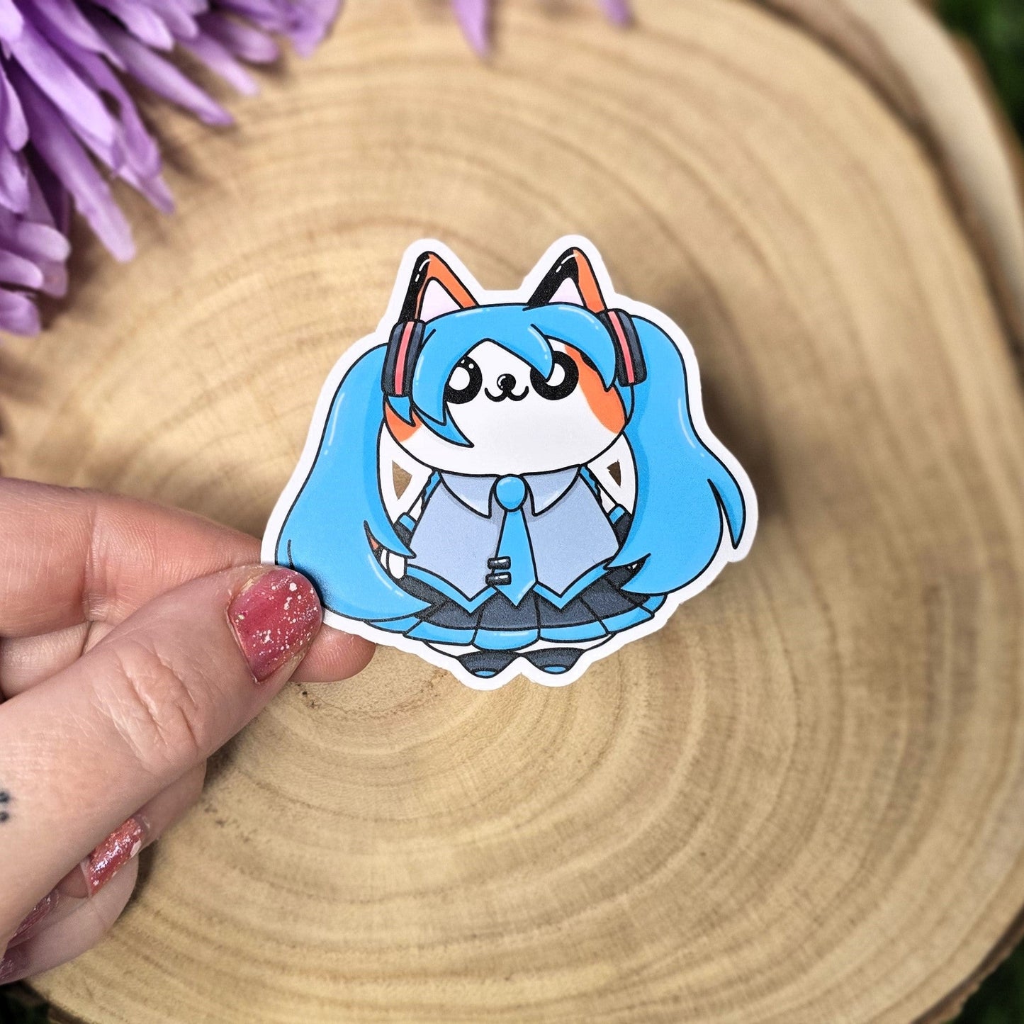 Blue version:
Matte blue twin tail idol Kira cat vinyl sticker, anime inspired die cut waterproof handmade sticker 6.5cm UK