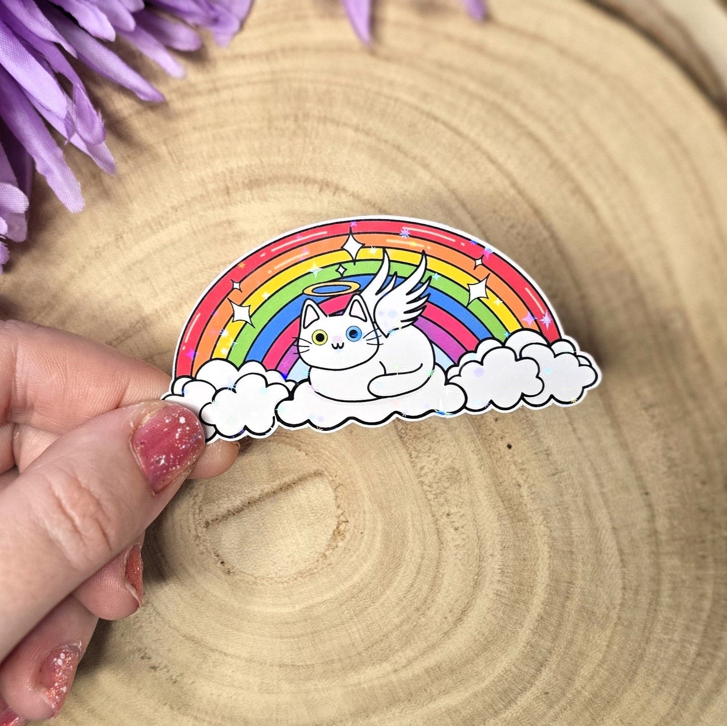 Holographic angel cat vinyl sticker resting on clouds under rainbow, memorial pet rainbow bridge design 8cm UK handmade