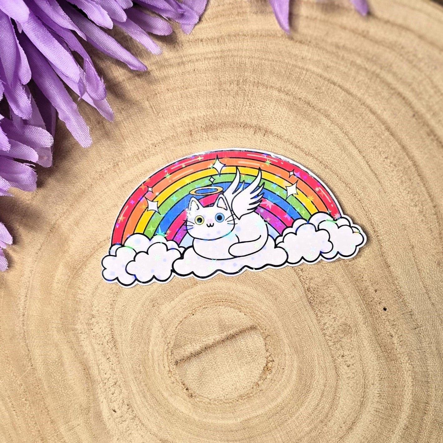 Holographic angel cat vinyl sticker resting on clouds under rainbow, memorial pet rainbow bridge design 8cm UK handmade