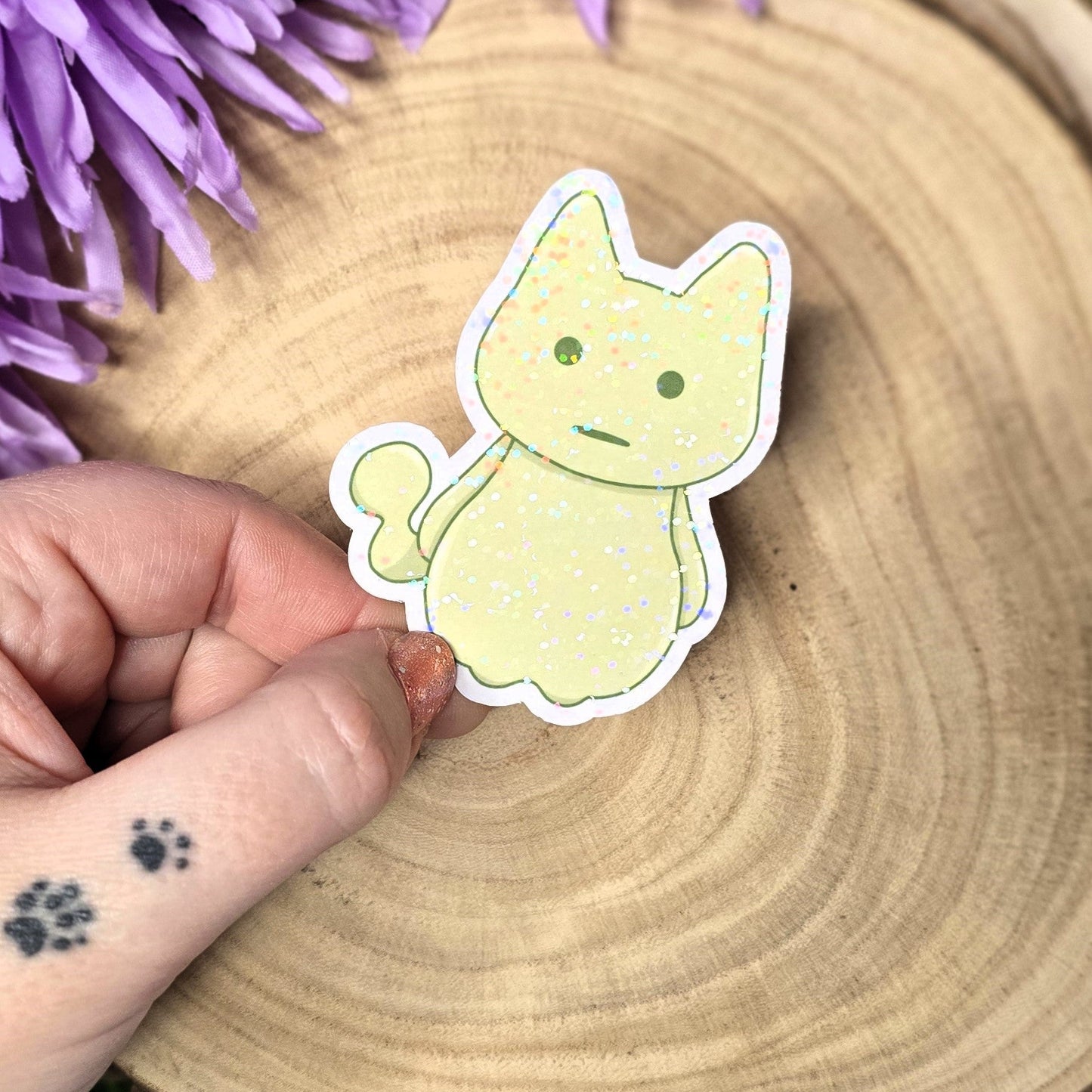 Holographic glow spirit cat vinyl sticker in pastel green, shy ghost style die cut waterproof handmade sticker 7.5cm UK