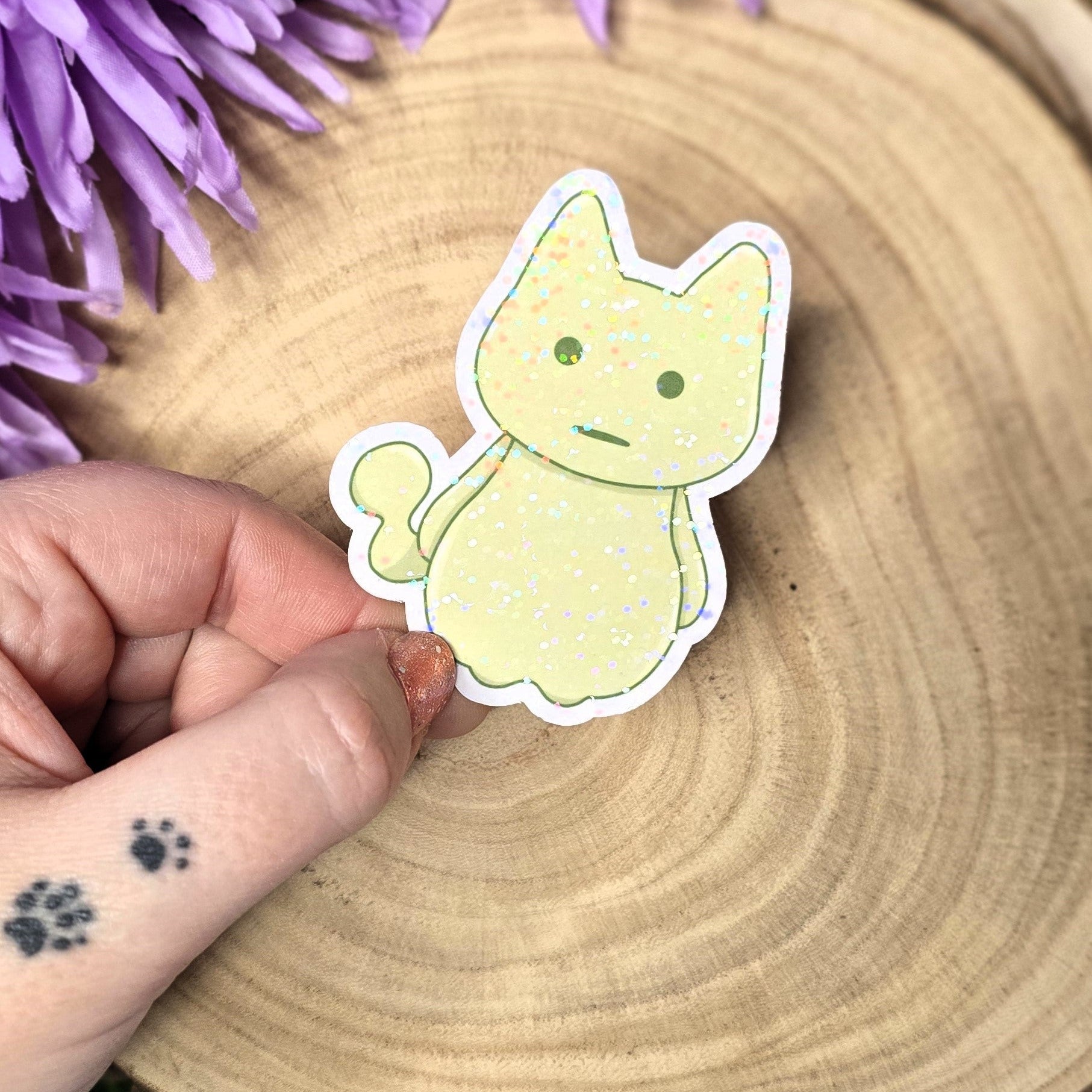 Holographic glow spirit cat vinyl sticker in pastel green, shy ghost style die cut waterproof handmade sticker 7.5cm UK
