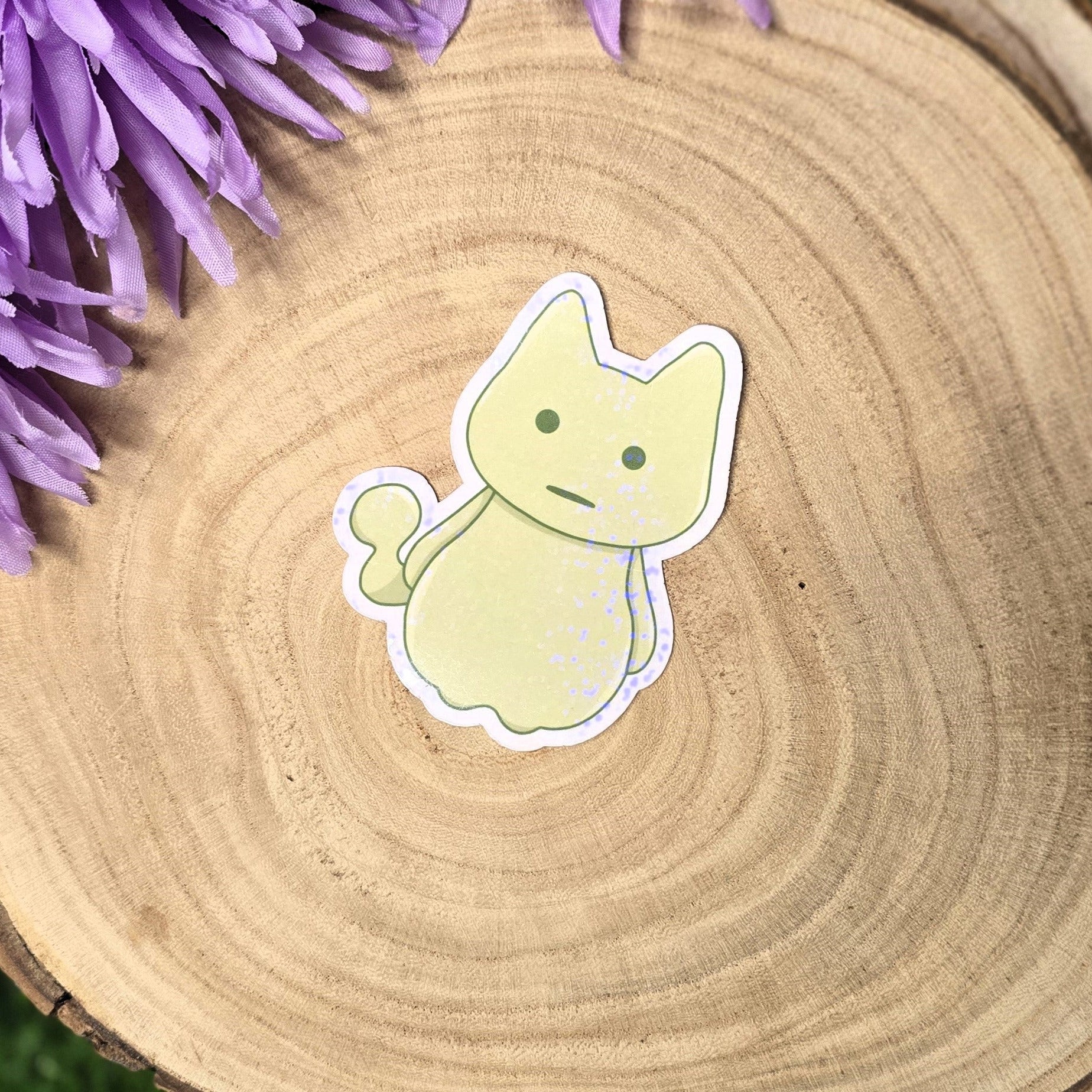 Holographic glow spirit cat vinyl sticker in pastel green, shy ghost style die cut waterproof handmade sticker 7.5cm UK