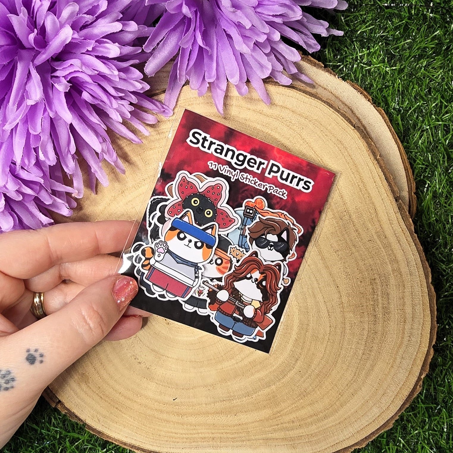 Stranger Purrs 11 piece matte vinyl cat sticker pack inspired by retro 80s supernatural horror characters handmade UK