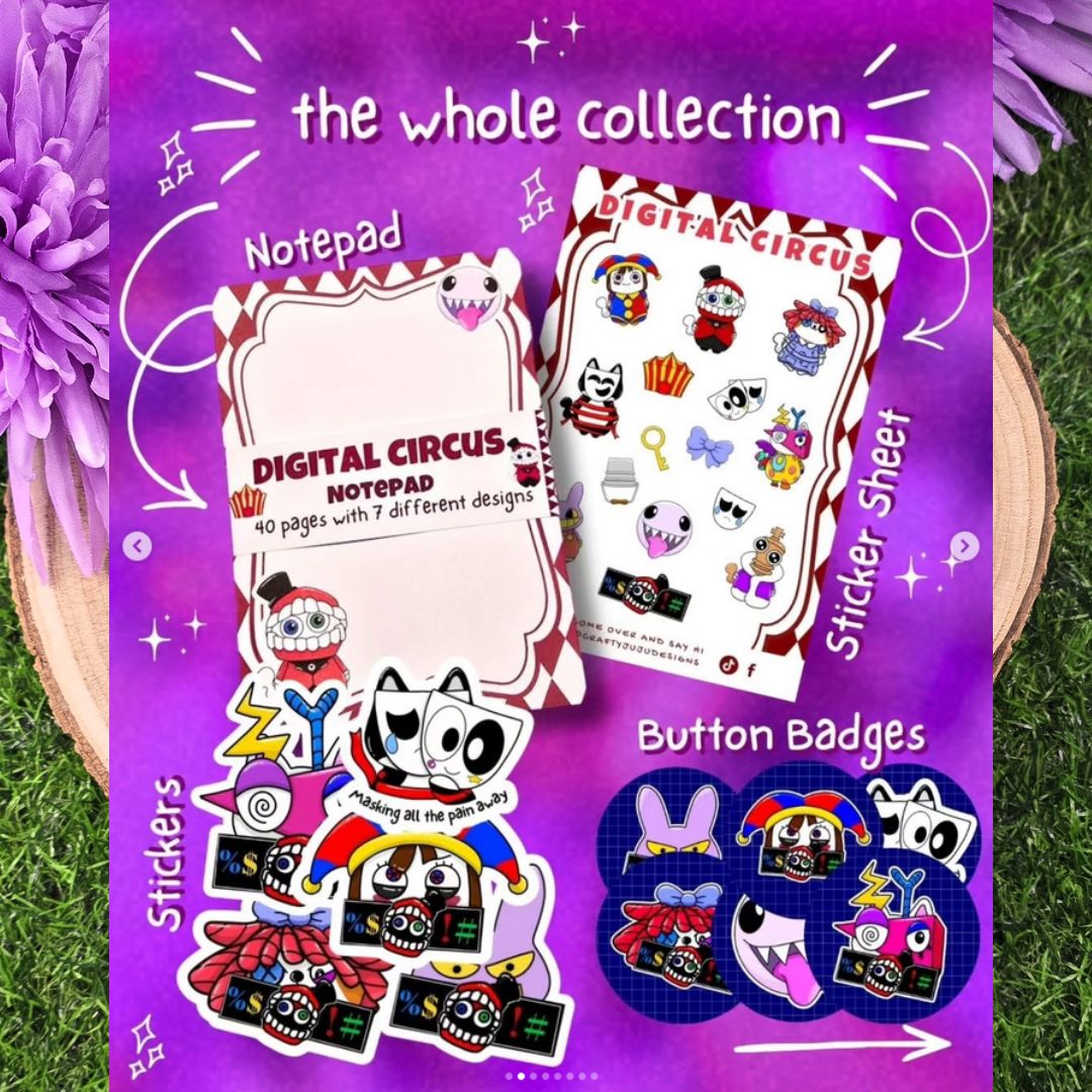 Promotional graphic for 'Digital Circus' products including a notepad, sticker sheet, and button badges on a purple background.