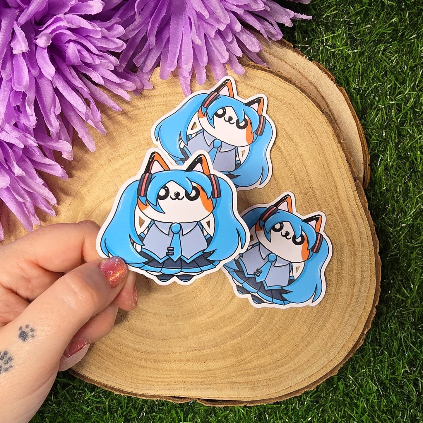 Blue version:
Matte blue twin tail idol Kira cat vinyl sticker, anime inspired die cut waterproof handmade sticker 6.5cm UK
