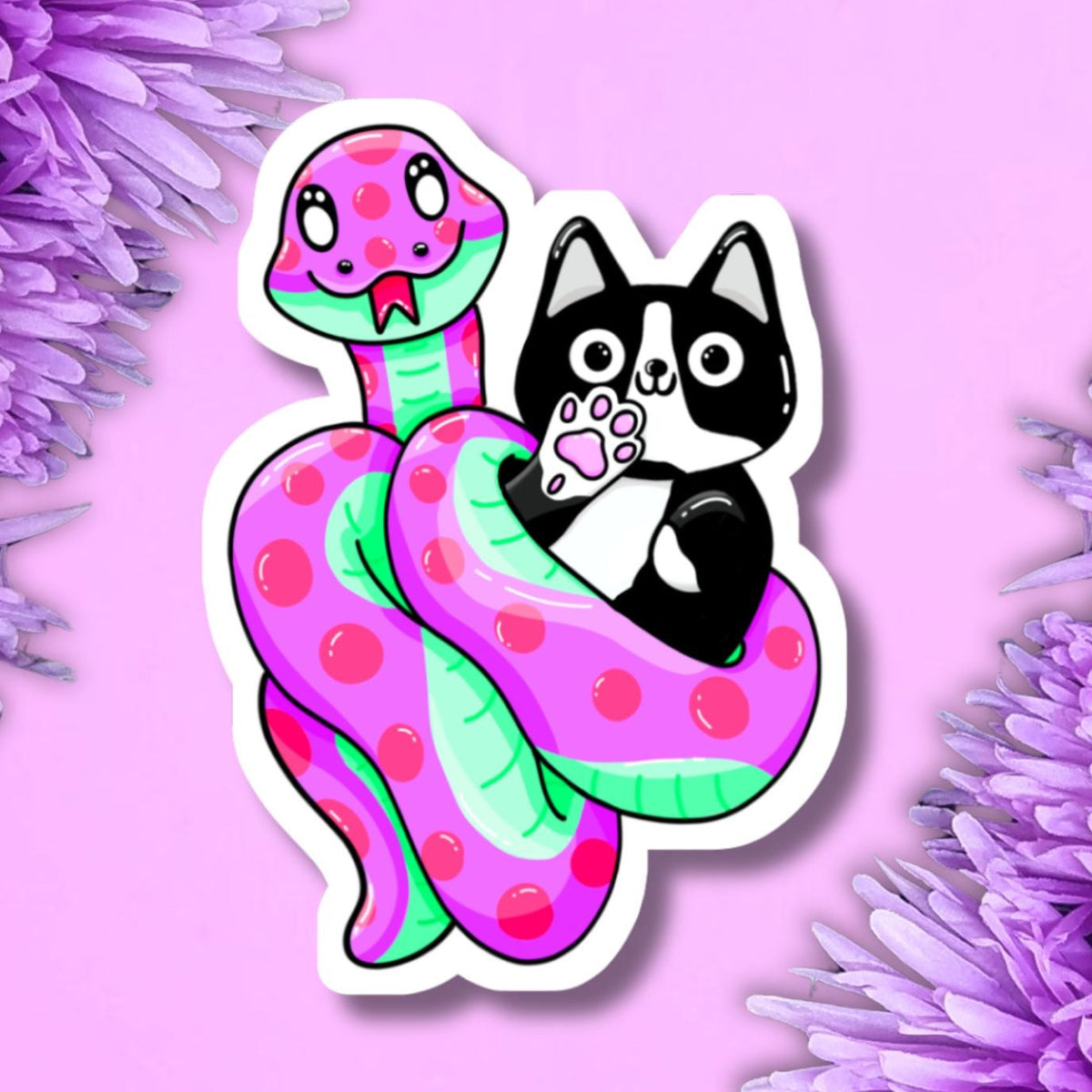 Bruce my tuxedo cat is all wrapped up with his new best friend, a snake. The snake is pink with a mint green belly and its tongue is out. Bruce is waving 