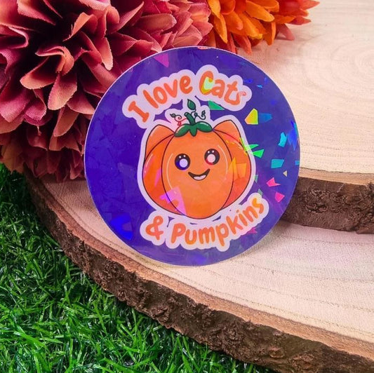 I Love Cats & Pumpkins Holographic Sticker