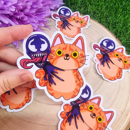 Venom inspired ginger cat die cut sticker