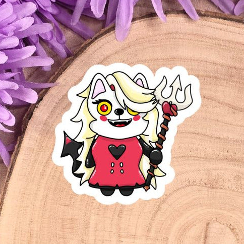 Sticker of a cartoon character on a wooden log with purple flowers in the background