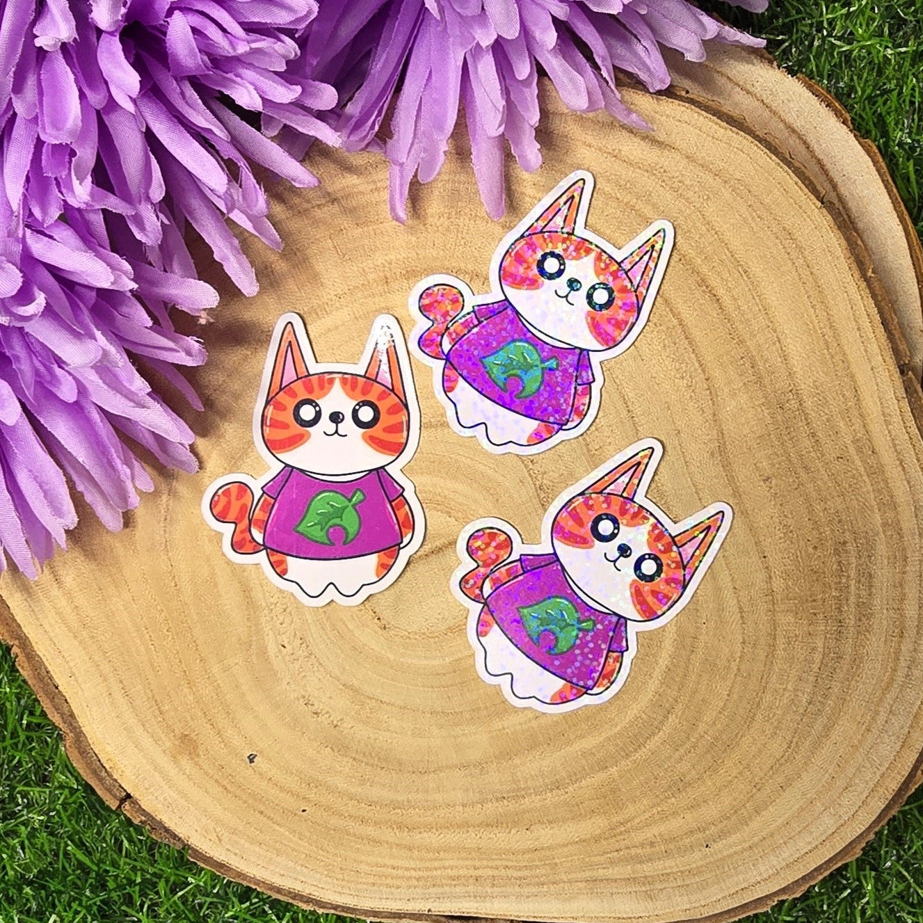 Cosy village Tony cat vinyl sticker wearing a leaf shirt, life sim inspired die cut waterproof handmade sticker 6.5cm UK