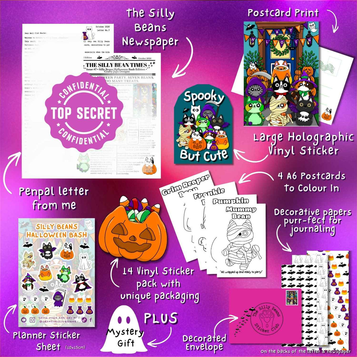 everything you get in october happy mail - pen pal letter, newspaper, print postcard, holo sticker large, sticker sheet, colour in postcards, decorative papers, sticker pack and a mystery gift