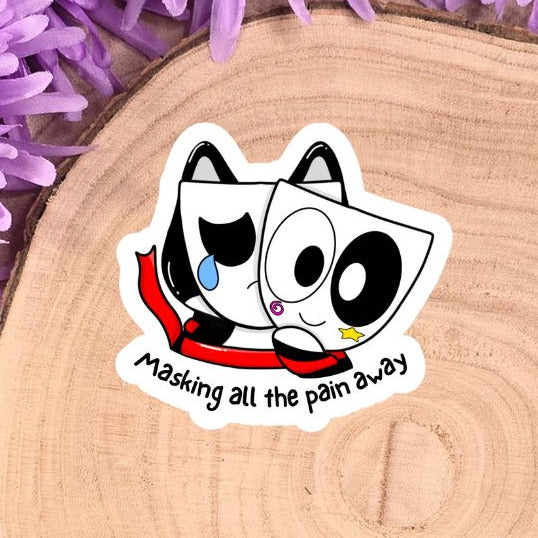 Sticker of a cartoon cat with text on a wooden log with purple flowers in the background