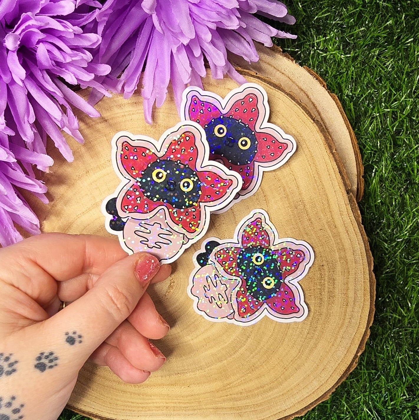Holographic Luna black cat dressed as spooky flower monster, 80s horror inspired die cut waterproof sticker 7cm UK