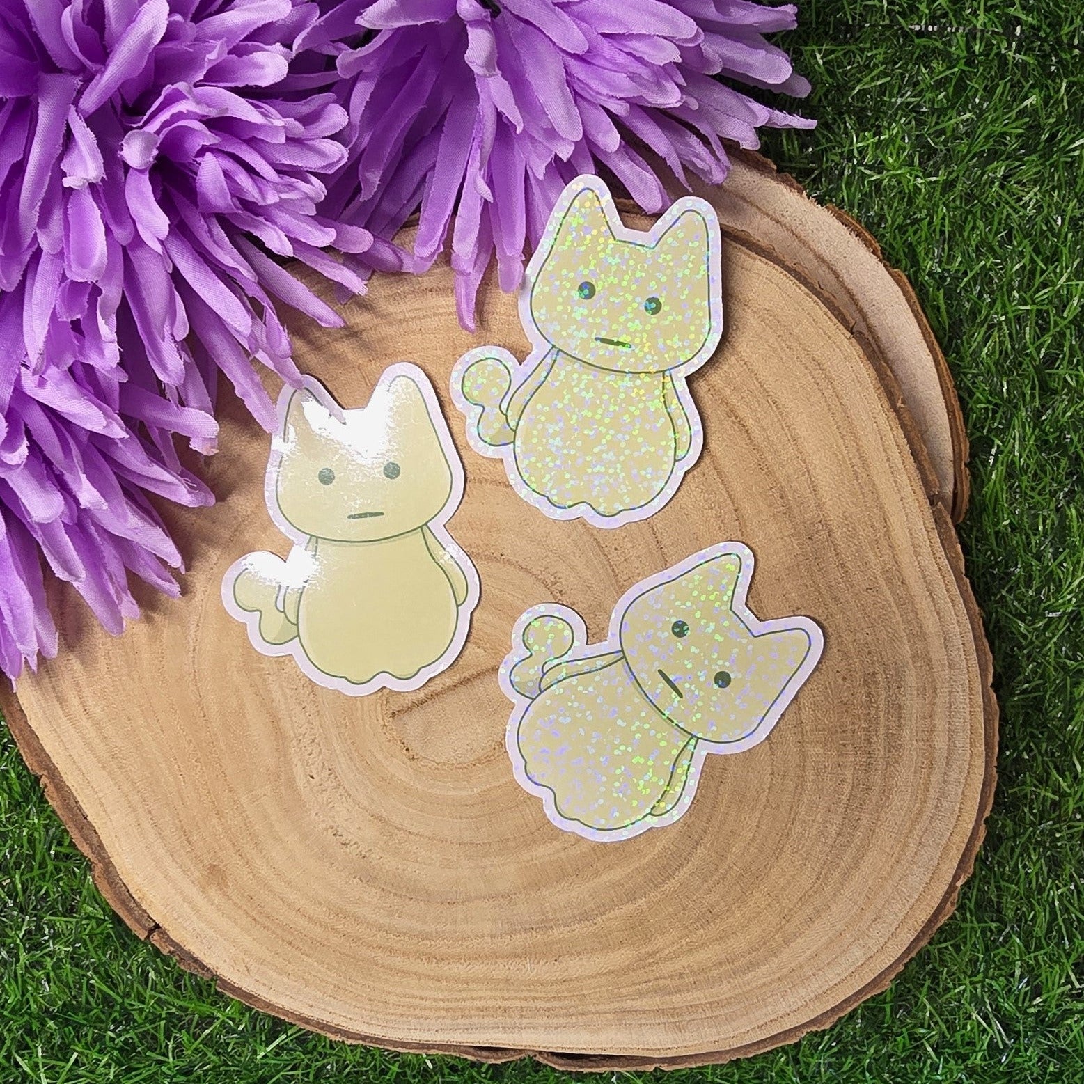 Holographic glow spirit cat vinyl sticker in pastel green, shy ghost style die cut waterproof handmade sticker 7.5cm UK