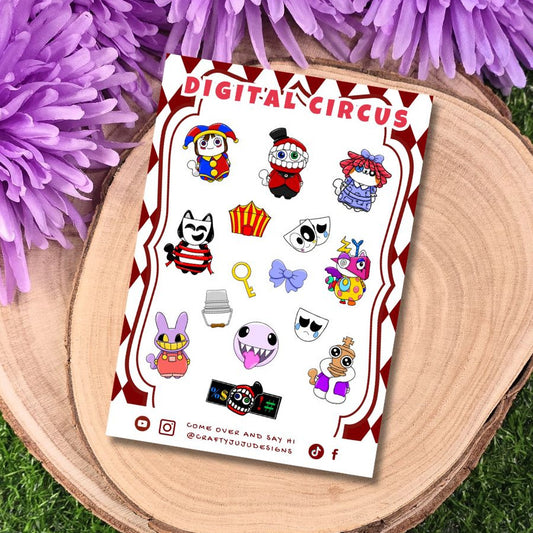 Sticker sheet with cartoon characters on a wooden surface with purple flowers. Includes character stickers + themed accessories!
