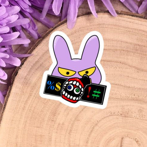 Sticker with a cartoon character on a wooden log with purple flowers in the background