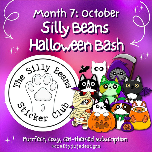 A promotional graphic for a cat-themed subscription sticker club, titled 'Month 7: October Silly Beans Halloween Bash,' with a purple and pink gradient background. It includes a circular logo reading 'The Silly Beans Sticker Club' and a group of cartoon cat characters in Halloween costumes, including a mummy, catwoman, spider, witch, and pumpkin-faced cat.