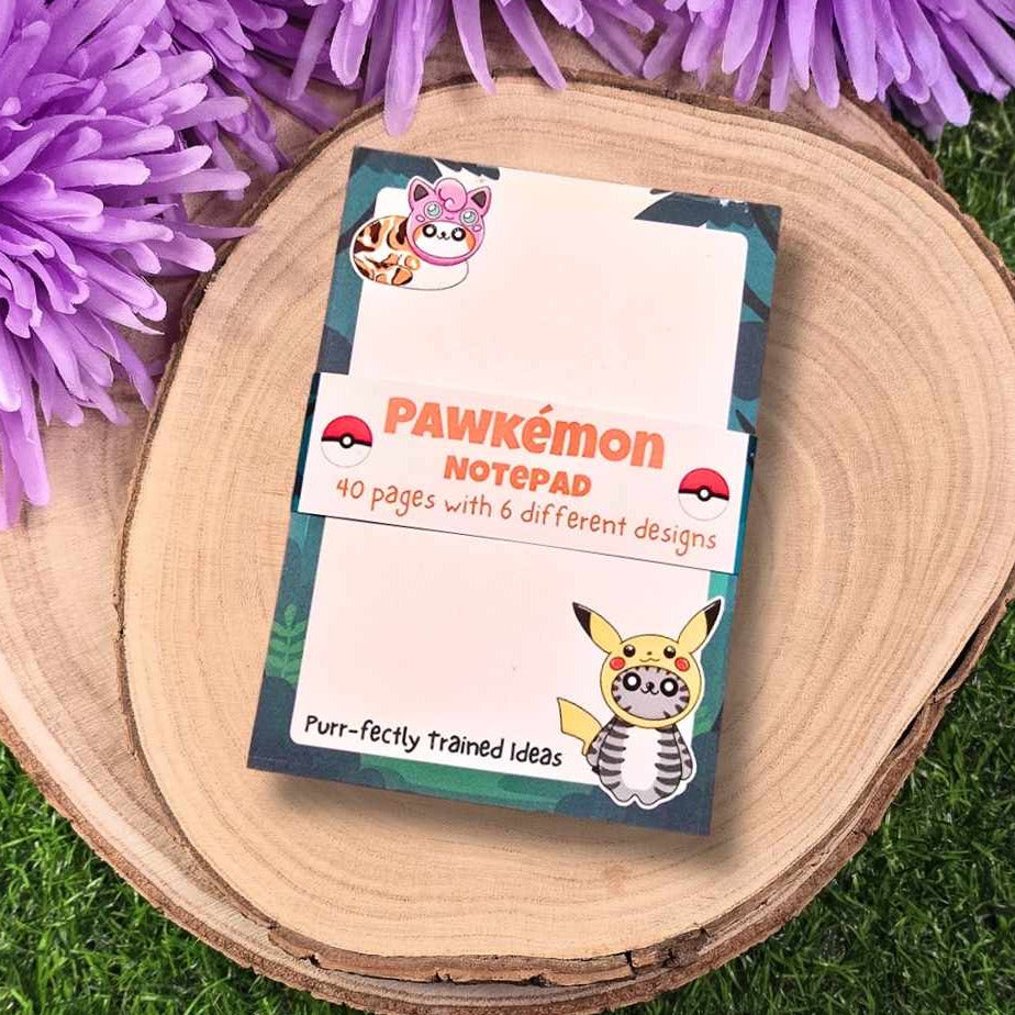 Pawkémon notepad on a wooden surface with purple flowers in the background