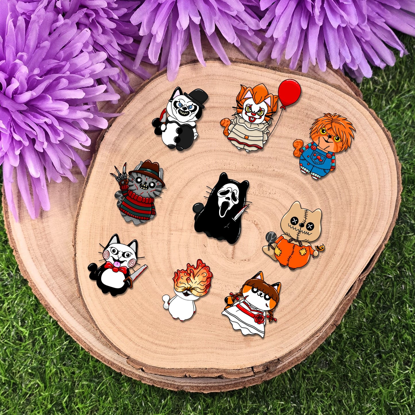 9 Lives of Terror matte vinyl cat sticker pack featuring spooky horror inspired feline characters handmade in UK