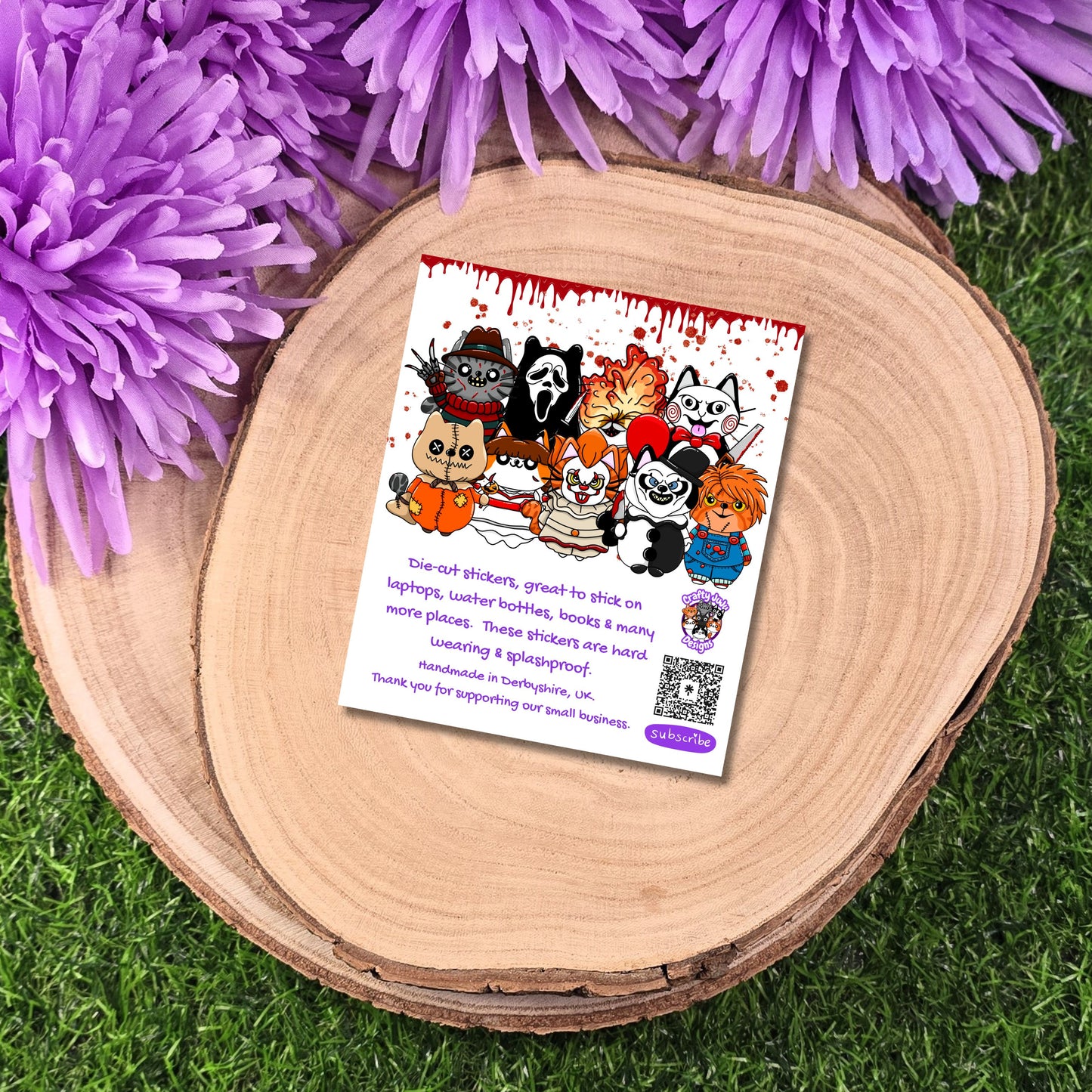 9 Lives of Terror matte vinyl cat sticker pack featuring spooky horror inspired feline characters handmade in UK