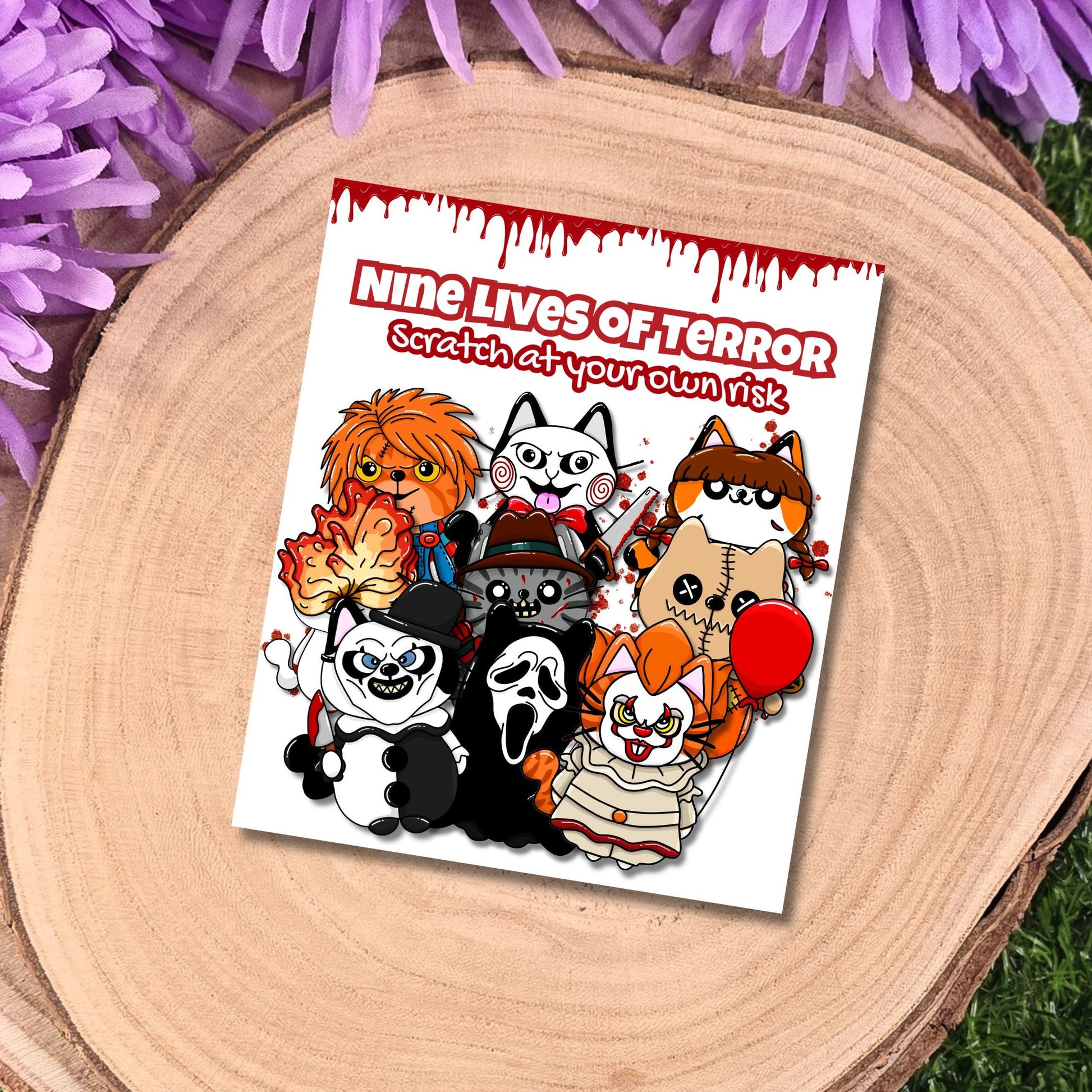 9 Lives of Terror matte vinyl cat sticker pack featuring spooky horror inspired feline characters handmade in UK