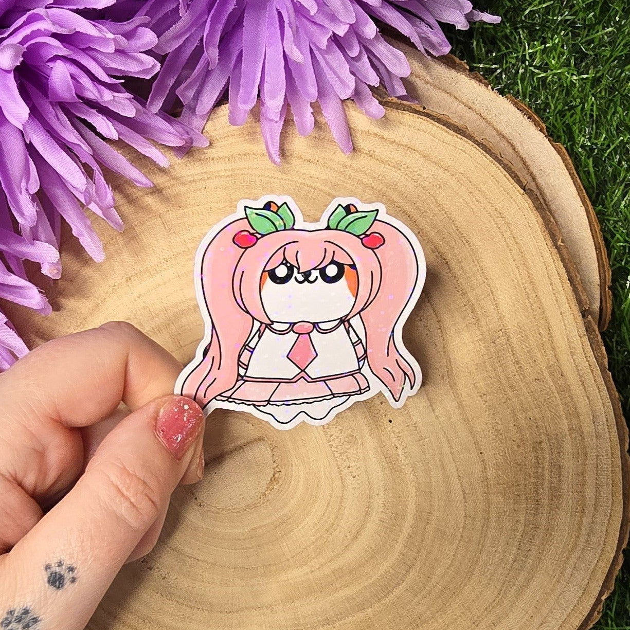 Pink version:
Holographic pink twin tail idol Kira cat vinyl sticker, anime inspired die cut waterproof handmade sticker 6.5cm UK