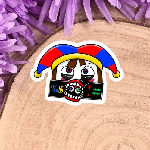 Sticker with a colorful character on a wooden log with purple flowers in the background