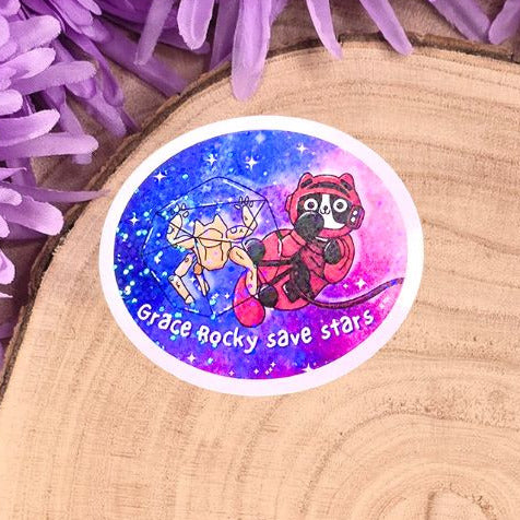 Sticker with cartoon characters on a wooden log with purple flowers