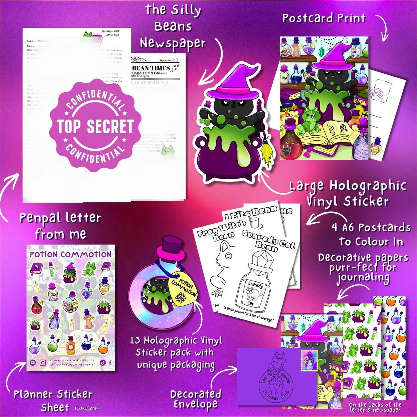 A promotional collage showing multiple witch-themed stationery items arranged on a pink-to-purple gradient background with handwritten-style labels. Items include a 'Confidential Top Secret' newspaper, a large holographic witch sticker, postcard prints, a penpal letter, planner sticker sheets, decorated envelopes, and a sticker pack.