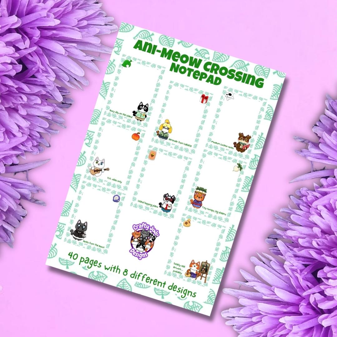 Ani-Meow Crossing A6 Notepad | Animal Crossing Inspired Cat Stationery | Cute Gaming Memo Pad | Handmade Cat Notepad (40 Pages)