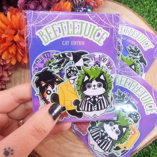 Beetlejuice character inspired cat die cut stickers in a pack with a purple backing card