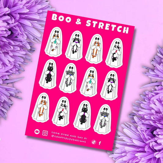 A pink sticker sheet titled 'BOO & STRETCH' featuring 12 cartoon ghost characters in white sheets, styled on a pink background with purple flowers.