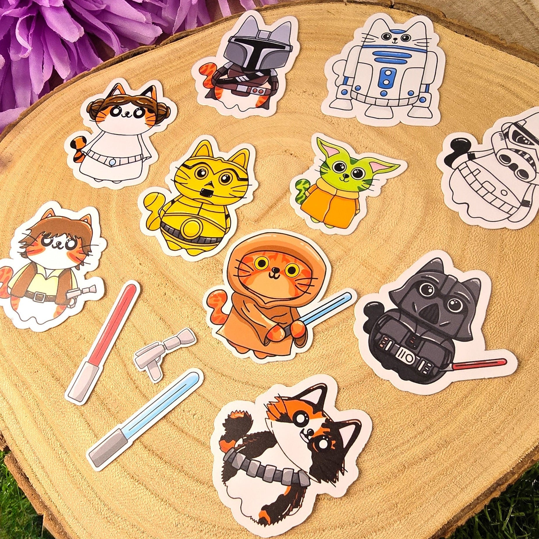 Set of cartoon stickers on a wooden slice with a purple flower in the background