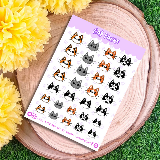 White sticker sheet with 5 different cat faces across 20 regular sizes and 10 smaller. Tortoiseshell cat, grey cat, ginger and white cat, and black and white cat. Sticker sheet header is in purple with scalloped edge saying Cat Faces.