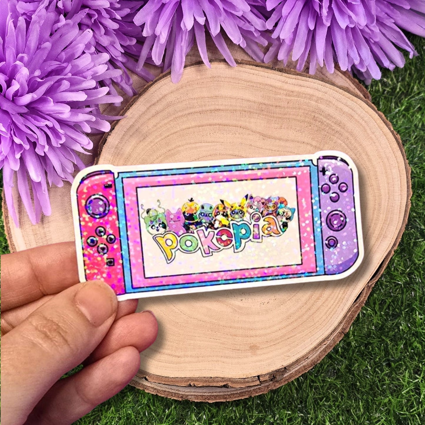 Colorful Pokopia toy on a wooden stump with purple flowers in the background