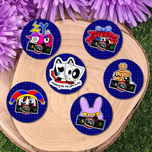 six round pins featuring cartoon characters from the amazing digital circus, displayed on a round wooden slice with purple flowers on a green grass background.