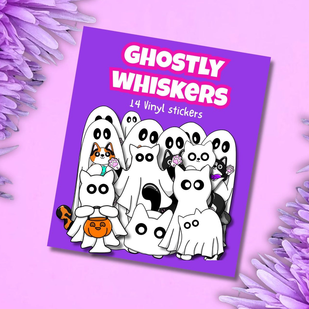 A purple card displaying a set of 14 vinyl stickers titled 'GHOSTLY WHISKERS' with cartoon ghosts and cats, styled on a pink background with purple flowers.