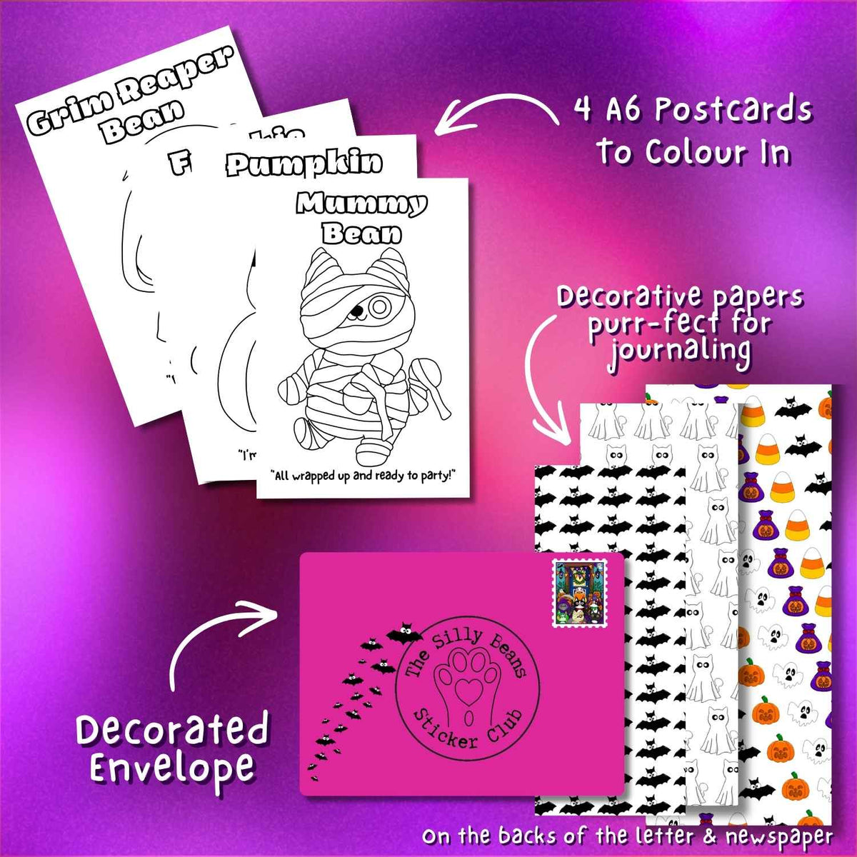 4 a6 colour in postcards, detractive papers and envelope. The decorative papers are on the backs of the newspaper and pen pal letter