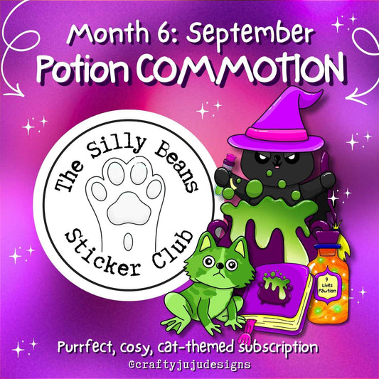 Promotional graphic for a cat-themed subscription sticker club, titled 'Month 6: September Potion Commotion.' The design shows a black cat in a purple witch hat with green slime, a green frog, a purple book, and a potion bottle on a pink-to-purple gradient background.