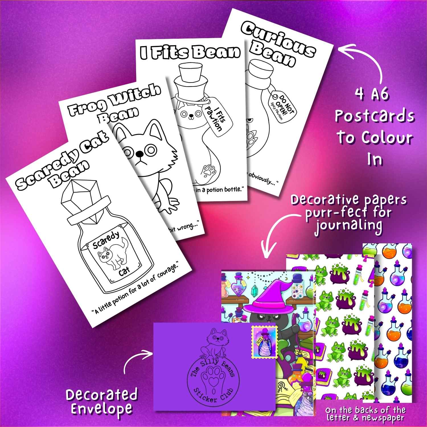 A product collage for a journaling/sticker set on a purple gradient background, showing several black-and-white postcard designs with whimsical illustrations, colorful decorative papers, a purple decorated envelope, and text noting 4 A6 postcards to colour in.