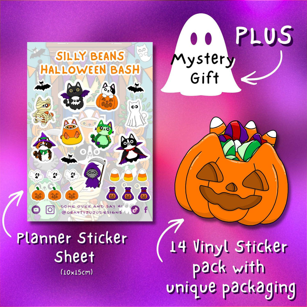 planner sticker sheet with everyone on, sticker pack of 14 vinyl stickers in  pumpkin for of sweets for packaging. Also a ghost with the words plus mystery gift