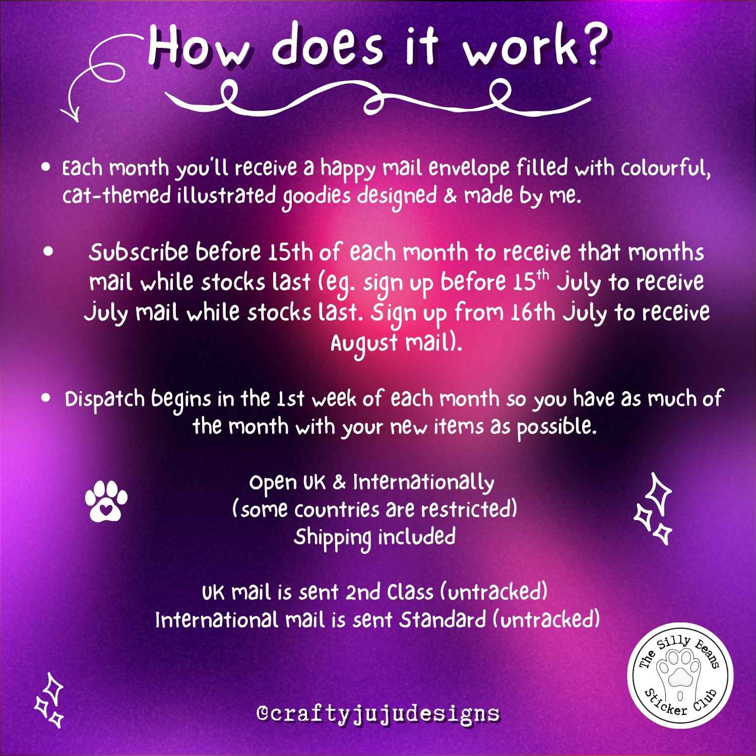 Purple background with white text explaining a subscription service for cat-themed illustrated goodies.