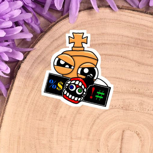 Sticker with a cartoon character on a wooden log with purple flowers in the background