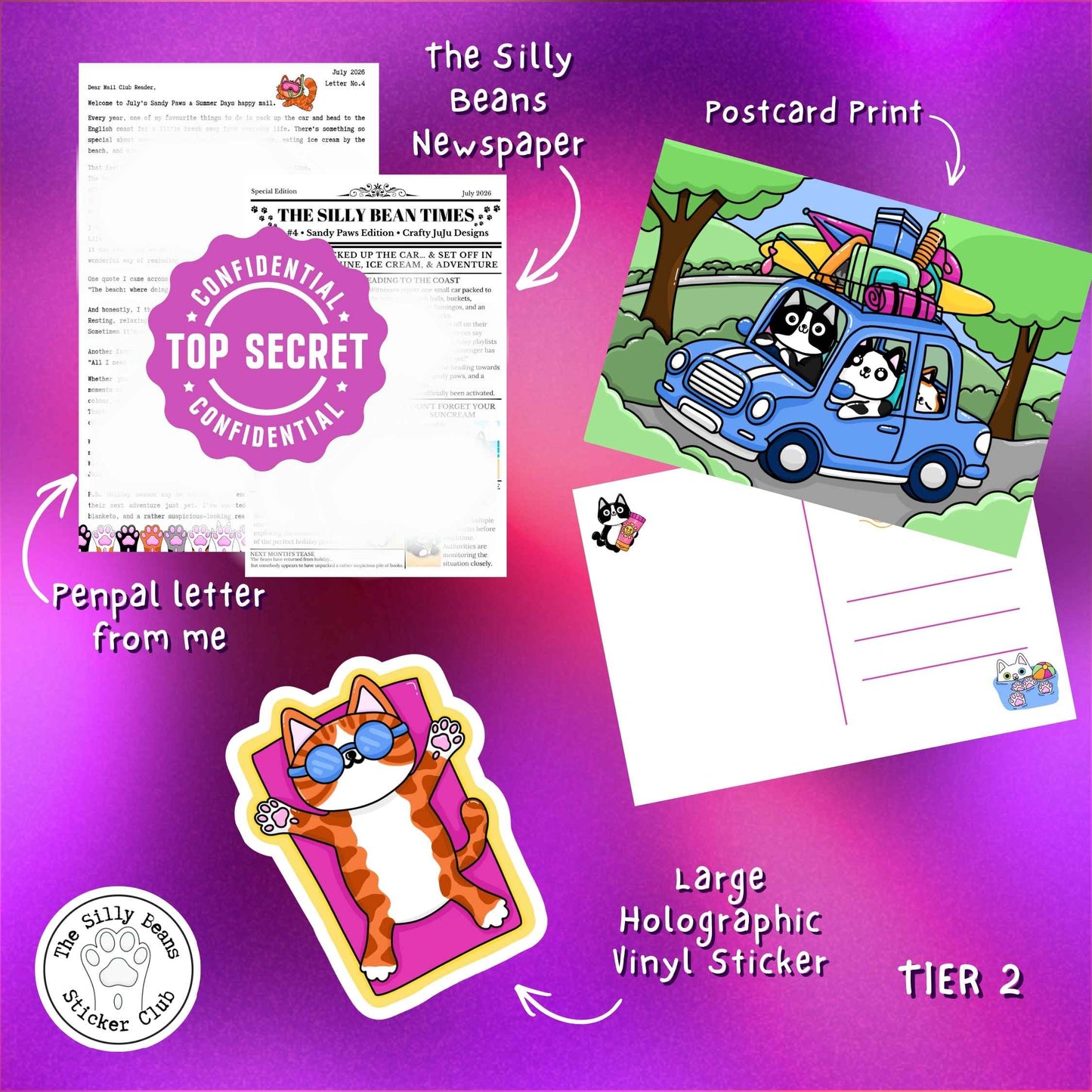 Collection of stationery items including a newspaper, postcard, penpal letter, and sticker on a purple background.