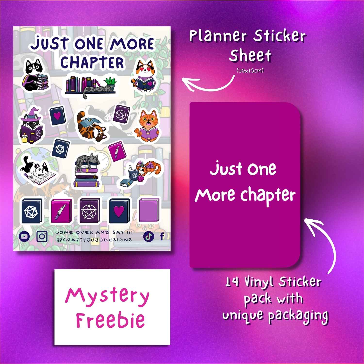 A promotional graphic for a planner sticker sheet and mystery freebie. On the left is a sample sticker sheet titled 'Just One More Chapter' with cute illustrated characters and icons.